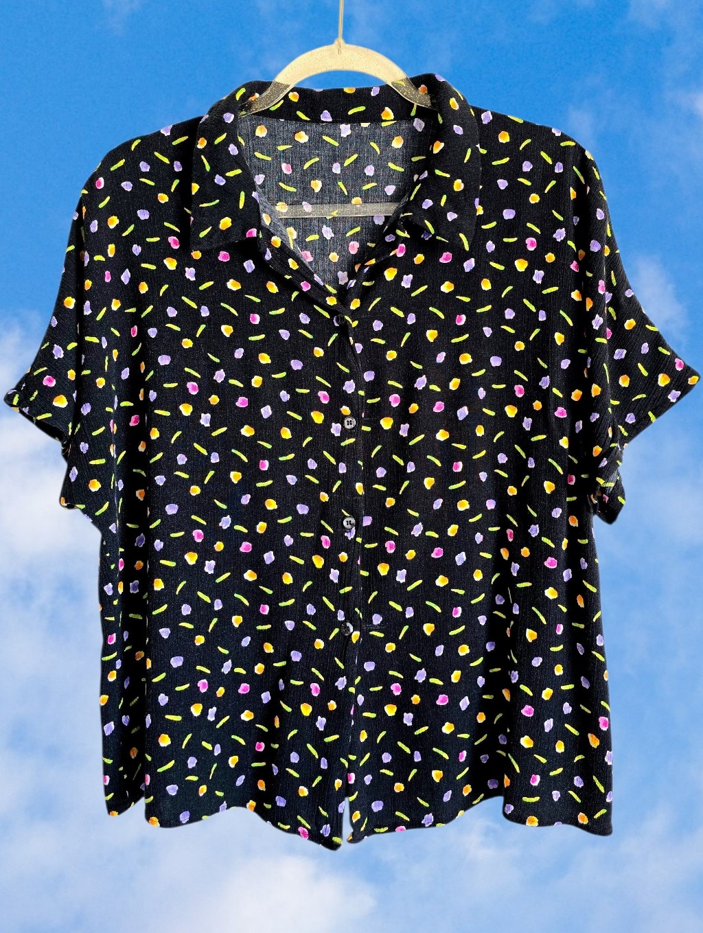 90's Confetti Bright Abstract Floral Polka Dots Button Up Vintage Top